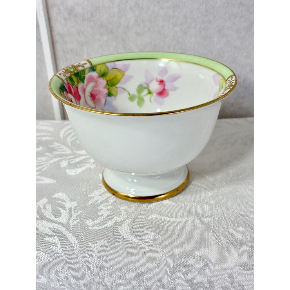 Antique Noritake Nippon Hand Painted Mayonnaise Bowl Pink Rose Gold Moriage Trim